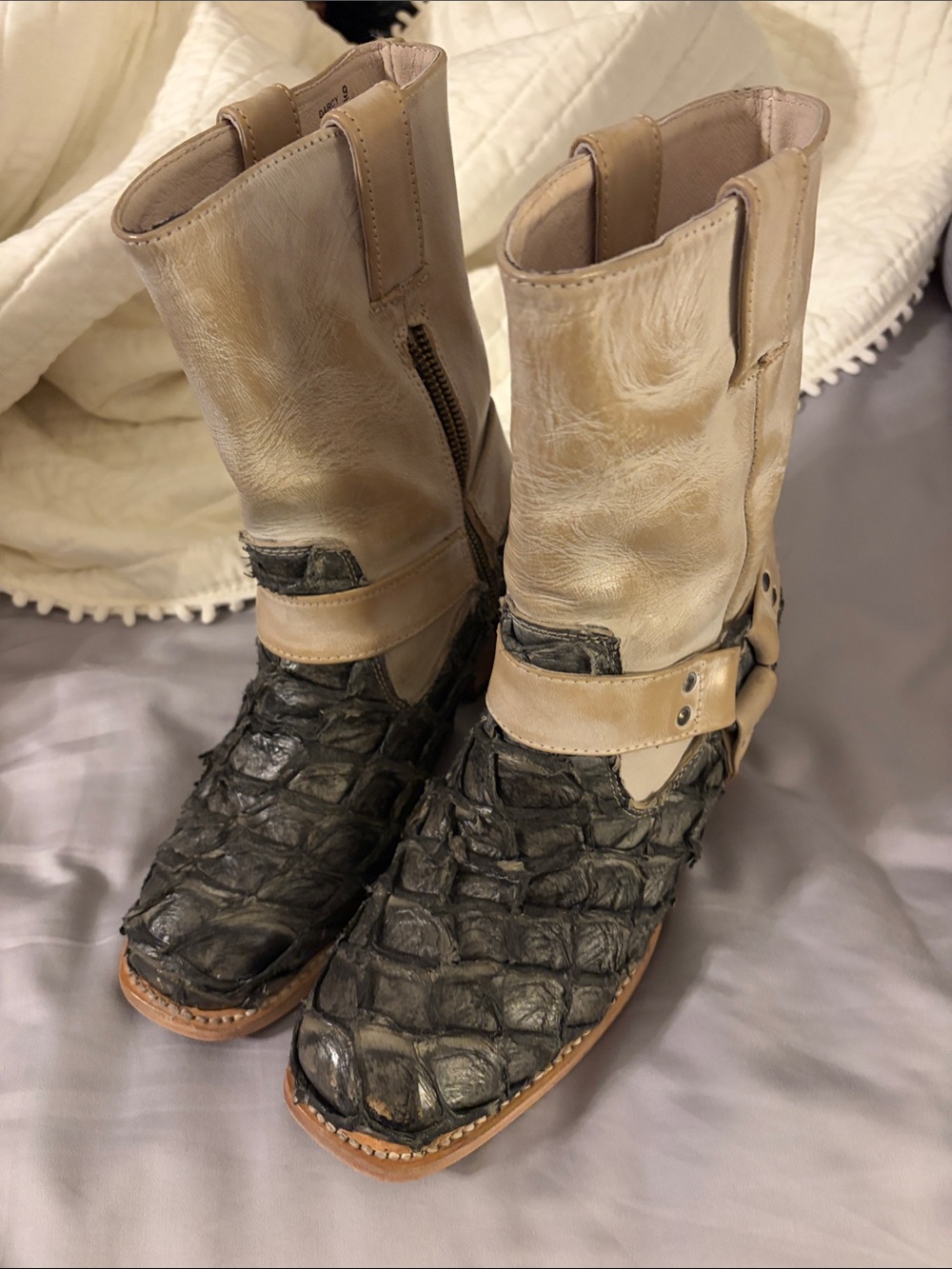 Freebird by Steven Two-Tone Beige and Black Textured Western Booties